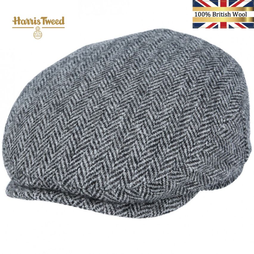 Gladwin Bond Harris Herringbone Wool Flat Cap - Grey-Black