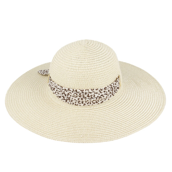 Ladies Summer Paper Straw Wide Brim Floppy Hat With Leopard Band