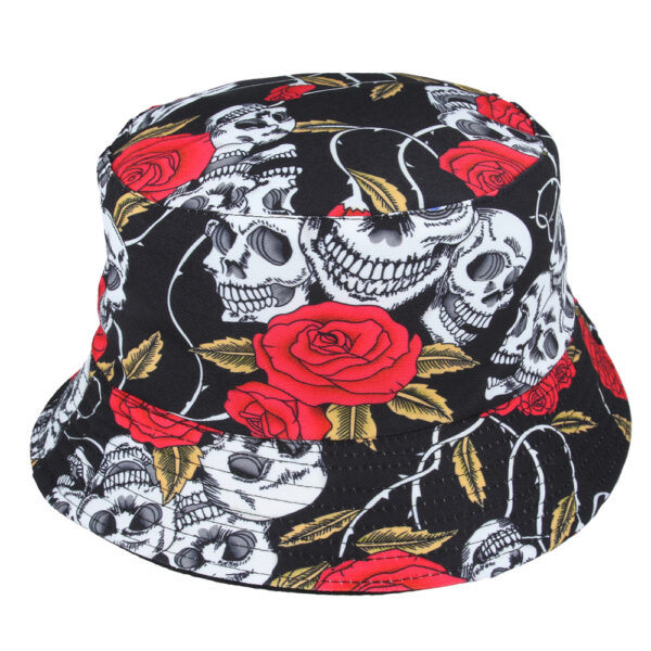 Maz Reversible Rock Skull Roses Pattern Bucket Fisherman Hat - Black