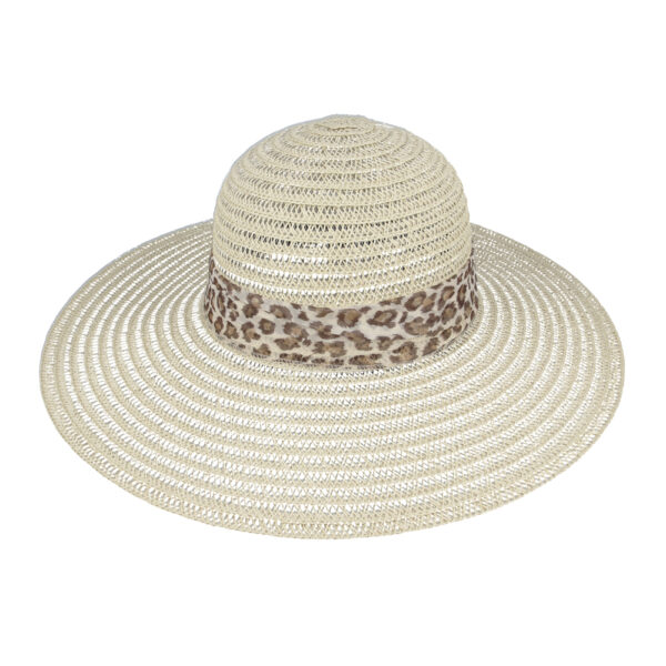 Ladies Summer Paper Straw Wide Brim Floppy Hat With With Leopard Band