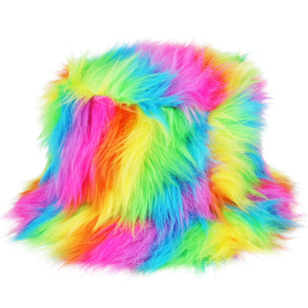 Maz Soft Fluffy Colourful Faux Fur Bucket Hat - Rainbow