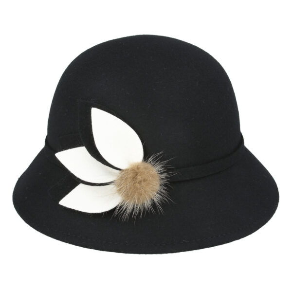 Ladies Chic Vintage Wool Cloche Hat With Leaf and Fur Bow & Belt Around