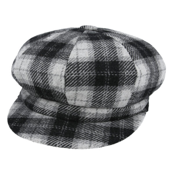 Women's Tartan Checked Baker boy Eight Panel Cap - Black/White