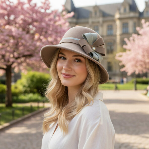 Maz Ladies Chic Vintage Wool Cloche Hat With Flower Bow & Strap belt Around