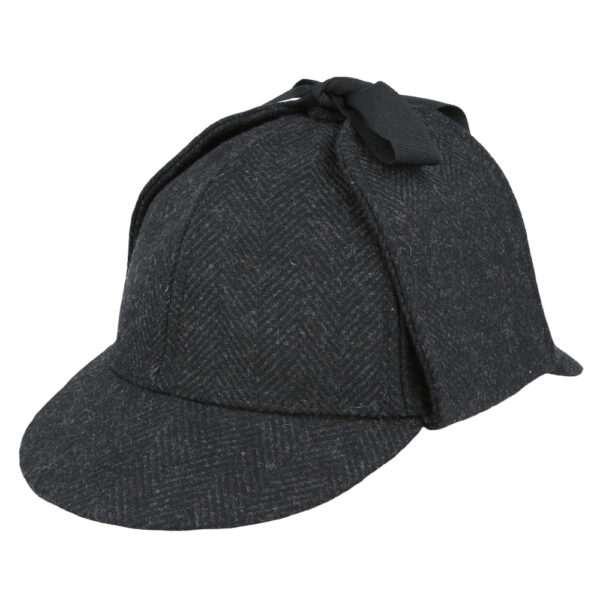 Wool Herringbone Deerstalker Hat - Black